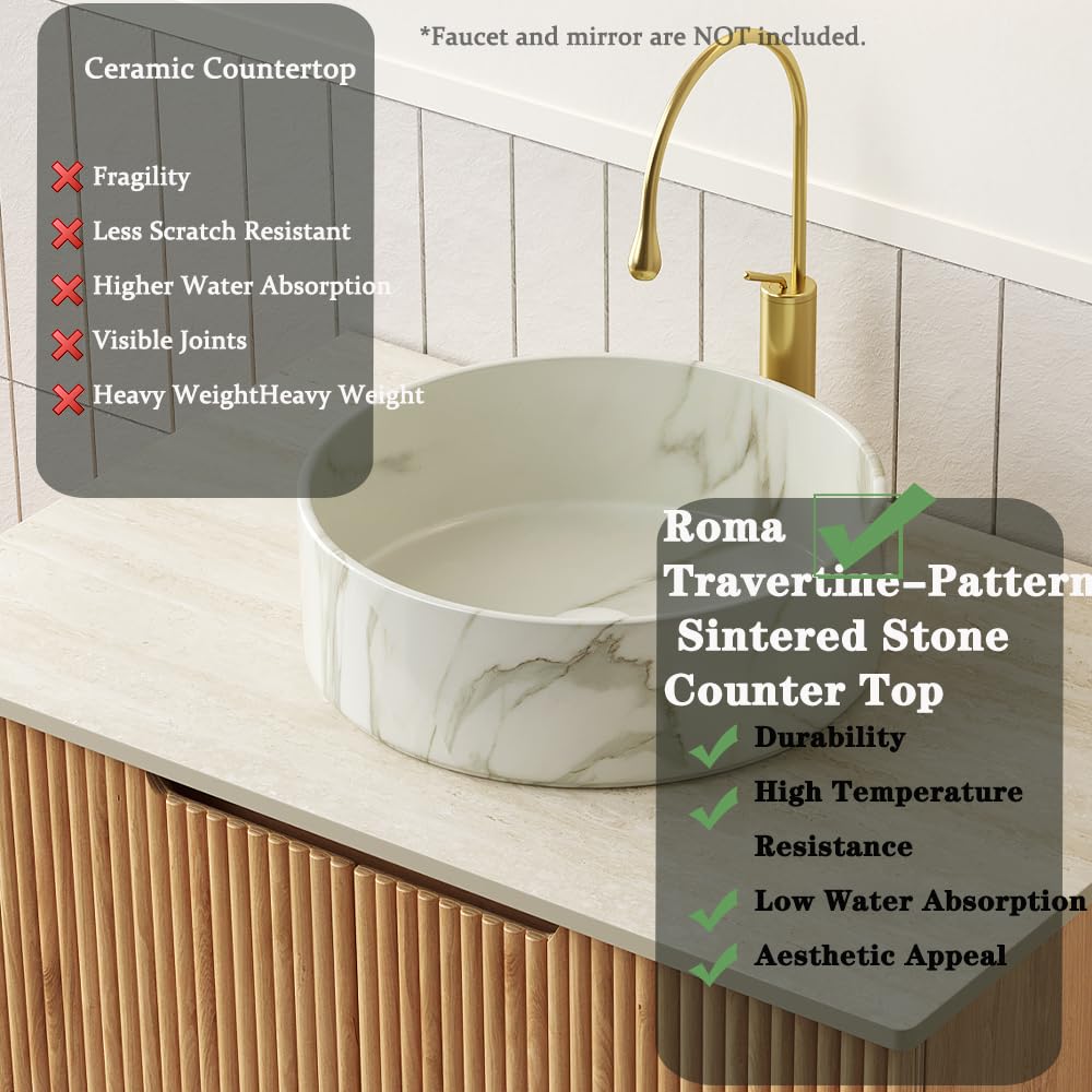 30" Bathroom Vanity with Sink, Modern Bathroom Vanities with 2 Soft-Closing Doors, Freestanding Bathroom Cabinet W/Ceramic Basin & Travertine-Pattern Sintered Stone Counter Top-Colmar, Natural Wood/R RAINLUX