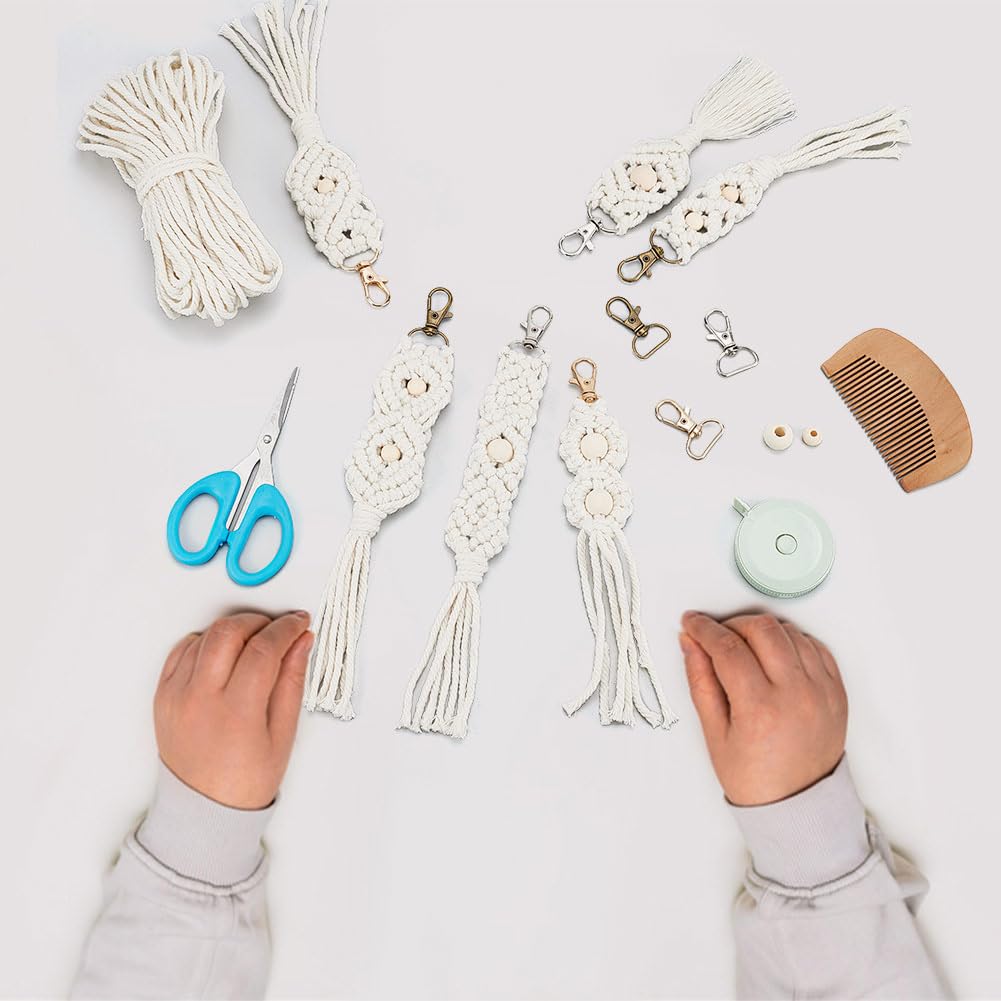 INFUNLY 6PCS Boho White Macrame Keychain Kit Adult DIY Keychain Making Kit Wood Beaded Keychains with Tassel Key Ring for Women for Key Handbags Backpacks Instructions Include INFUNLY