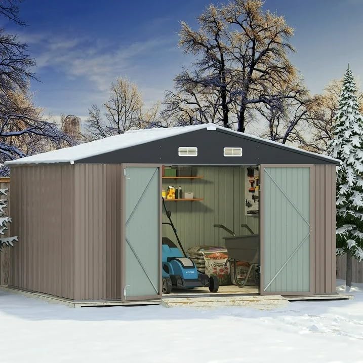 Greesum 10×8 FT Outdoor Storage Shed, Metal Storaged Sheds Without Floor, Tool Sheds with Lockable Doors and Slooping Roof for Garden, Patio, Backyard, Brown Greesum