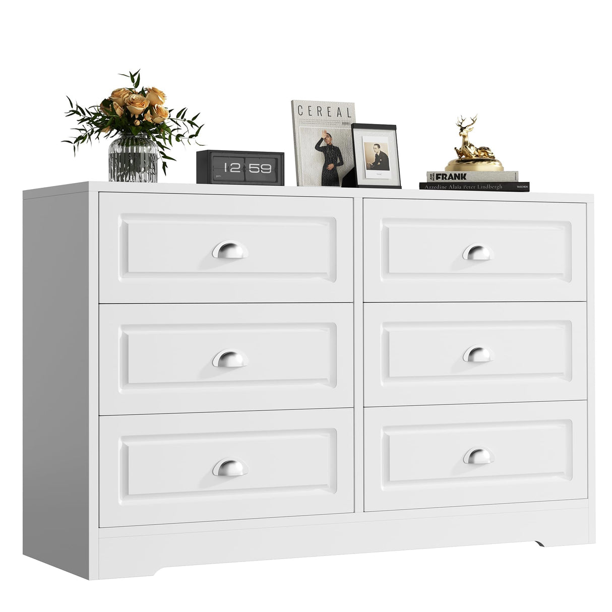Shintenchi Dresser for Bedroom with 6 Drawers,Double Dresser & Chest of Drawers Wooden Organizer with Metal Handle, Storage TV Stand for Living Room,White Shintenchi