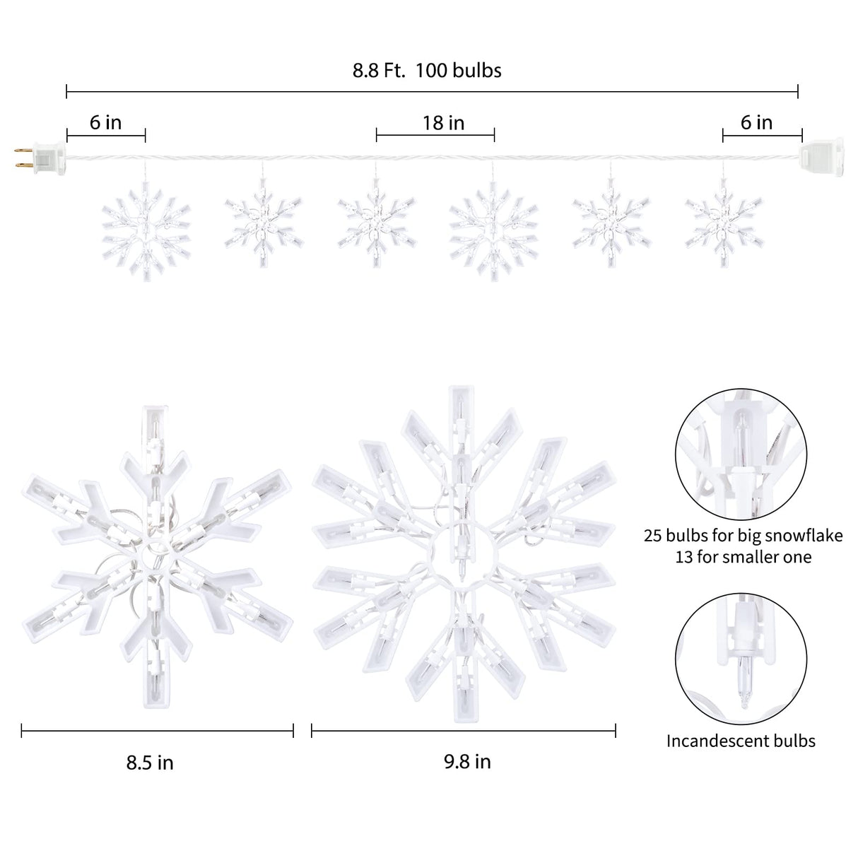 Snowflake Christmas String Lights with 6 Drops - 9ft 100 Mini Bulb Icicle Lights with Hooks, Plug-in Connectable Hanging Lights for Christmas Home Indoor Outdoor Party Wedding Holiday Décor, Clear Minetom