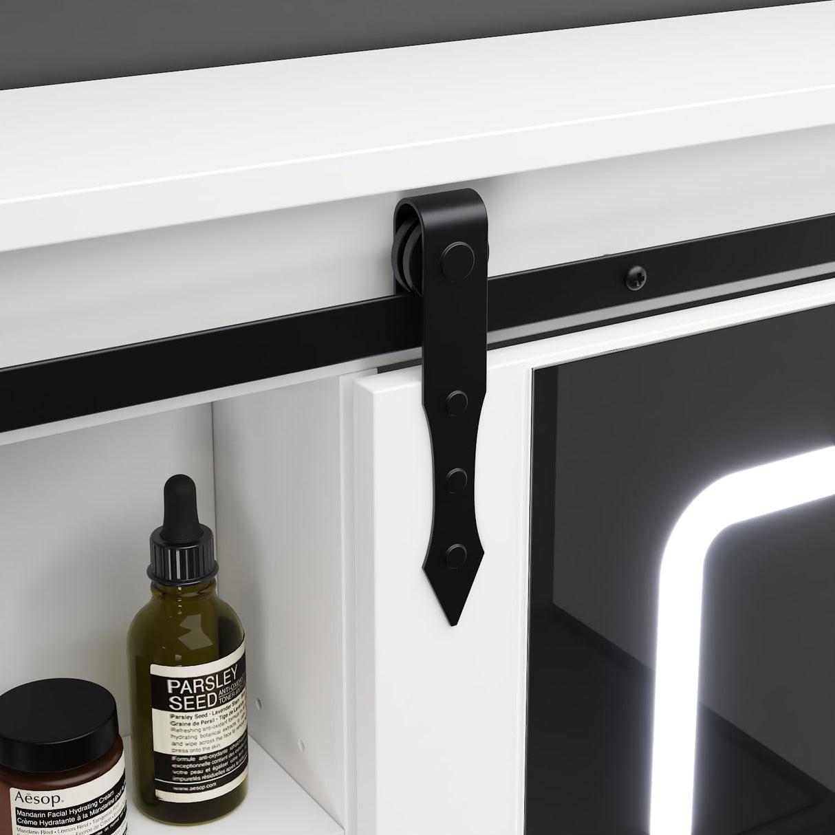 FUNISIR Mirror Medicine Cabinet Wall Mounted, 35.4" x 27.6" Bathroom Lighted Mirror Medicine Cabinet with Farmhouse Sliding Barn Door, Makeup Vanity Mirror with Defogger, Dimmer, Storage FUNISIR