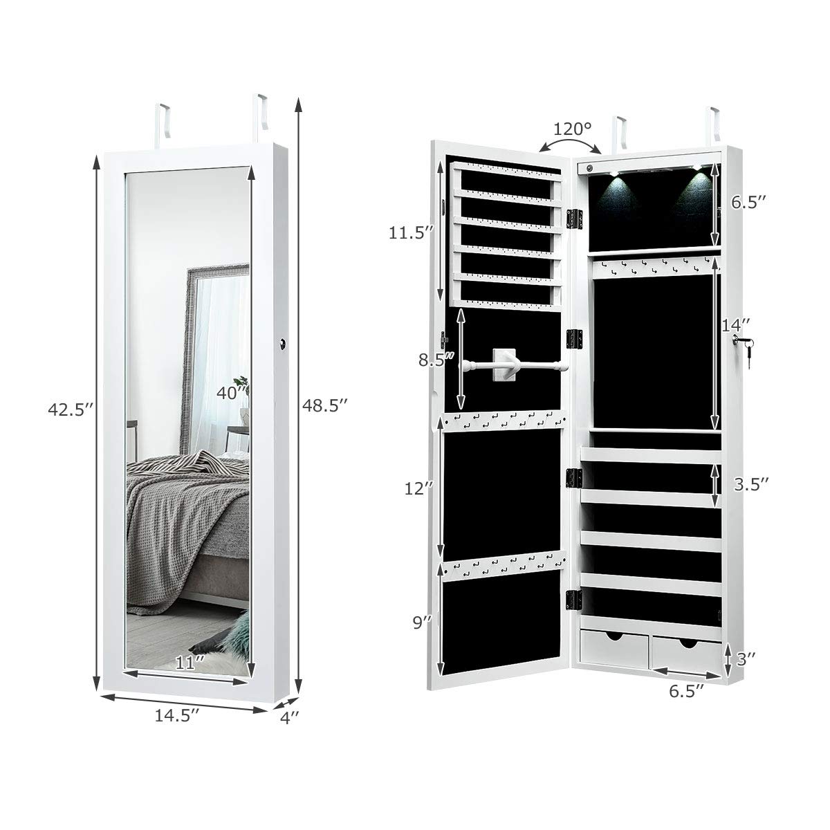 Giantex Jewelry Armoire Wall Door Mounted, Lockable Jewelry Cabinet with 42.5'' Full Length Mirror, 2 LEDs Jewelry Organizer Box with 2 Drawers, Mirror with Jewelry Storage (White) Giantex