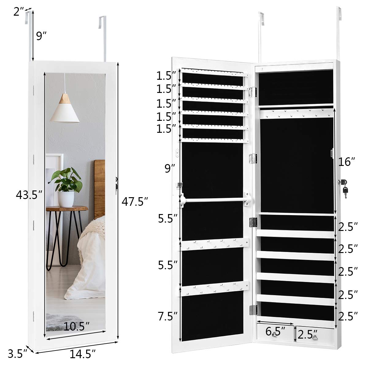 Giantex 15 LEDs Jewelry Armoire, Wall Mounted or Door Hanging, Lockable Jewelry Cabinet with Full Length Mirror, Large Storage Jewelry Organizer Box Armoire for Girls Women (14.5"W x 3.5"D x 47.5"H) Giantex