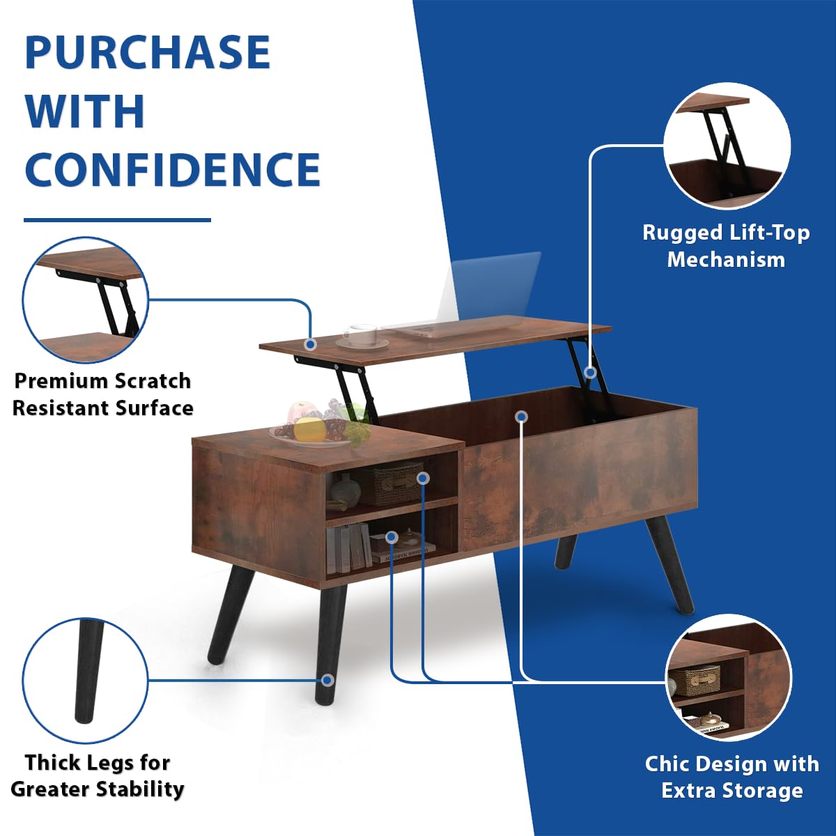 Lifetime Home Lift Top Coffee Table with Hidden Compartment - Modern Living Room Dining Table with Rising Tabletop Lifttop Desk for Apartment, Home, Condo Lifetime Home
