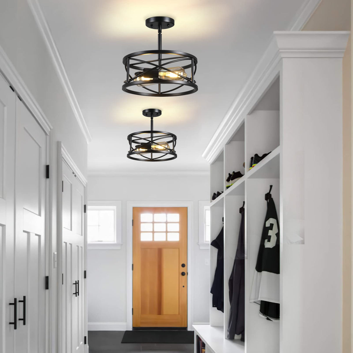 Karjearl Farmhouse Semi Flush Mount Ceiling Light, D11.8 Inches Black Industrial Sloped Ceiling Light Fixtures Vintage Metal Cage Ceiling Lamp for Kitchen Hallway Entryway Laundry Room Bedroom Karjearl