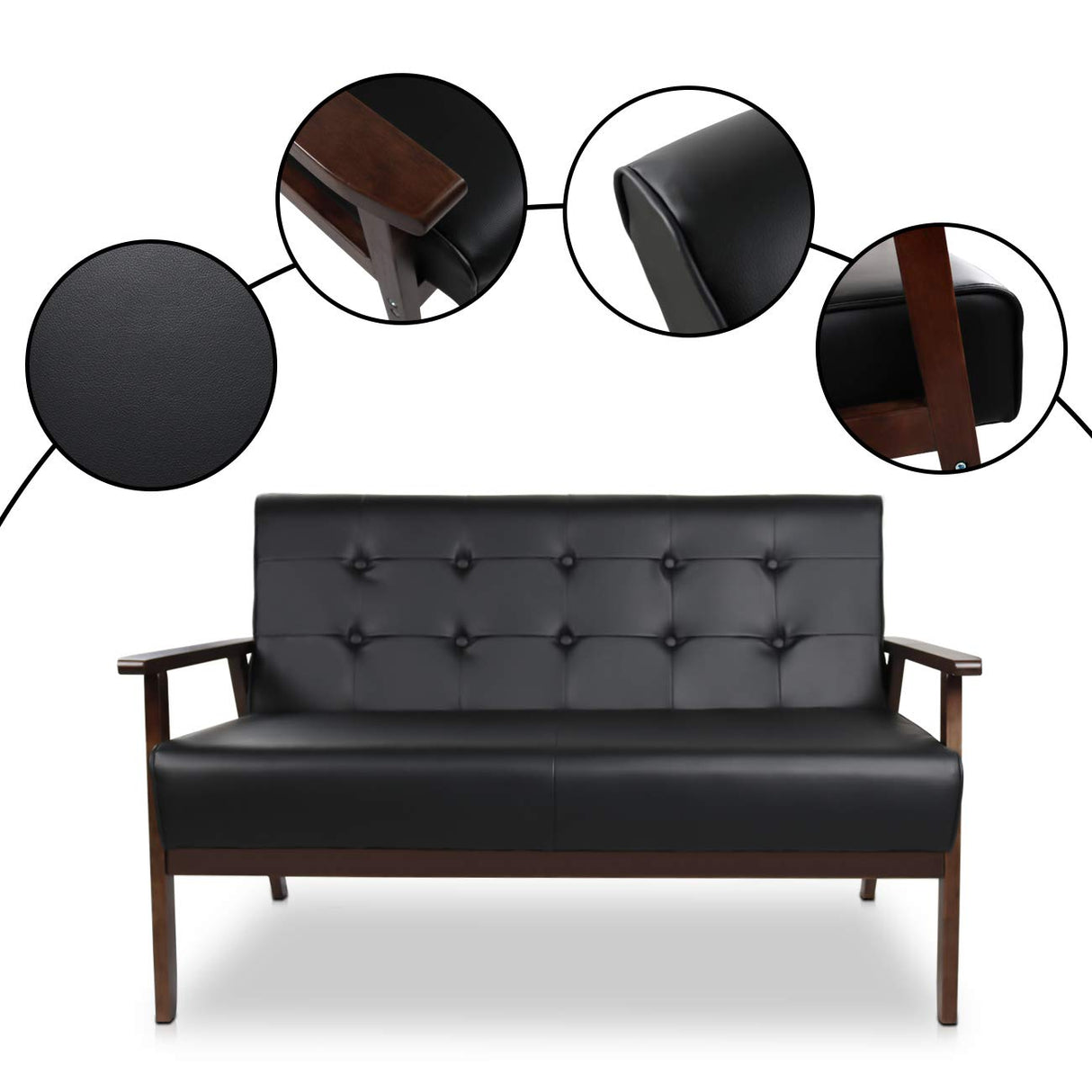 AODAILIHB Modern Wooden Leather 2-Seat Sofa, Sleek Minimalist Loveseat, Sturdy and Long-Lasting Loveseat Sofa Couch, Home Office Furniture (Black) AODAILIHB