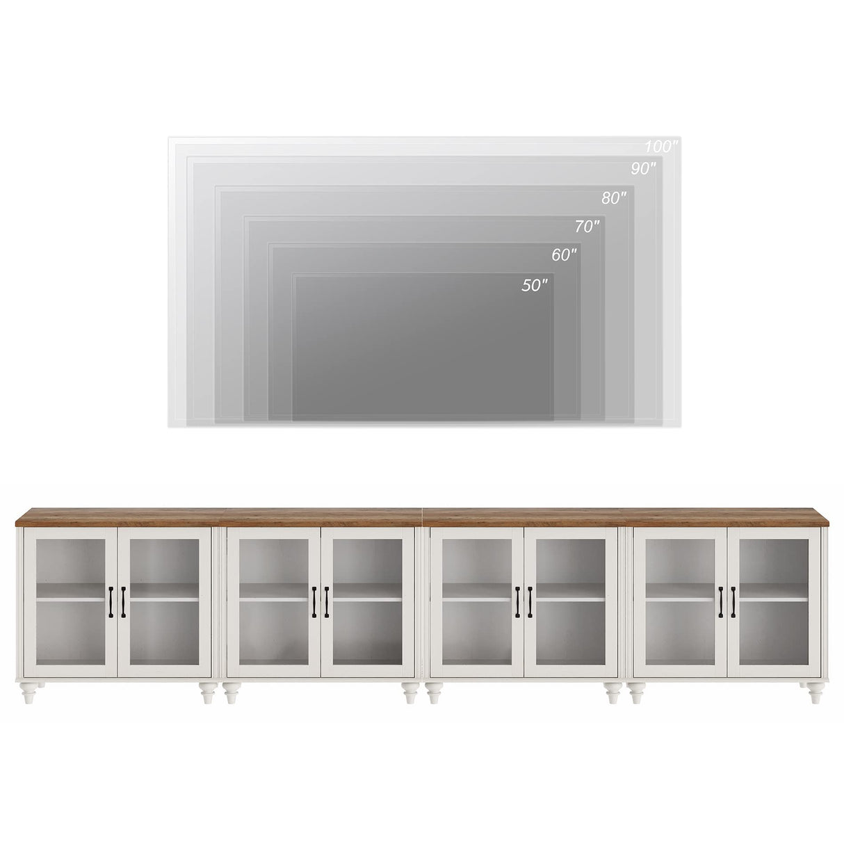 WAMPAT Large TV Stand for TVs up to 110 Inch, White Entertainment Center TV Console Table for 85/90/95/100 Inch TV with LED Light, Accent Buffet Cabinet with Glass Door for Dining Room & Living Room WAMPAT