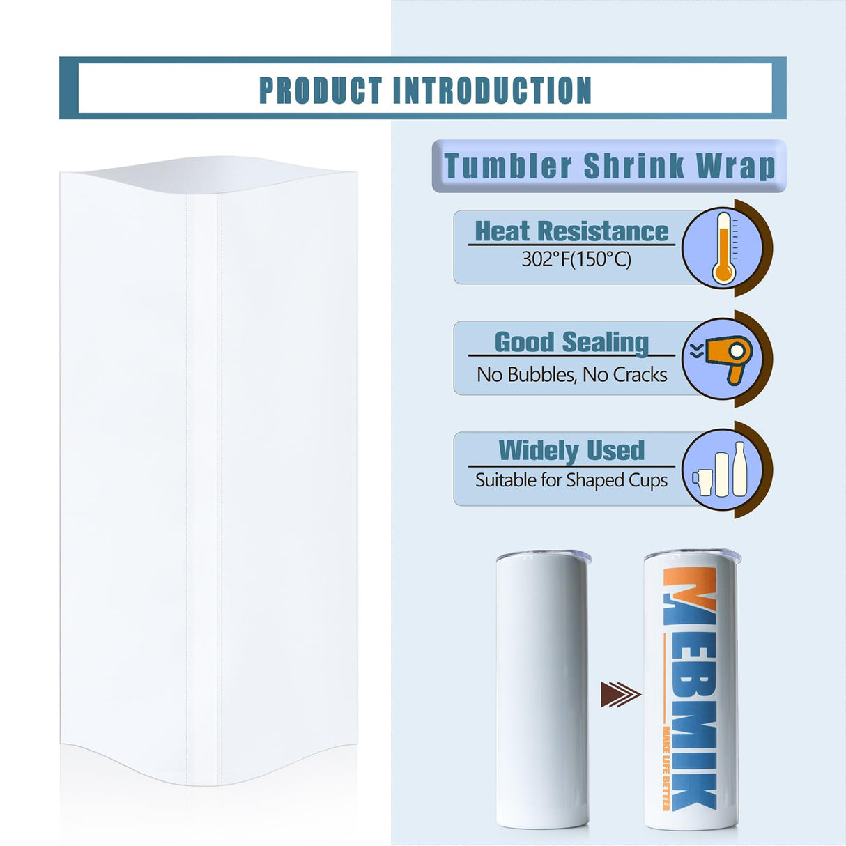 MEBMIK 100pcs 5x10in Shrink Wrap For Sublimation Tumblers,Sublimation Shrink Wrap Sleeves,Heat Shrink Wrap,Tumbler Shrink Wrap Sublimation 20oz Skinny,Sublimation Sleeves For Tumblers,Sublimation Bags MEBMIK