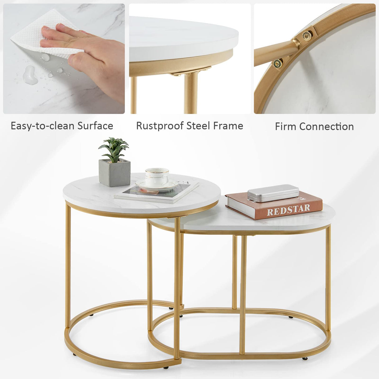 Giantex Modern Nesting Coffee Table Set of 2, Coffee Table & End Table Sets, Golden Steel Frame, Easy Assembly, Accent Marble-Look Stacking Side Table for Living Room Bedroom Apartment (Gold) Giantex