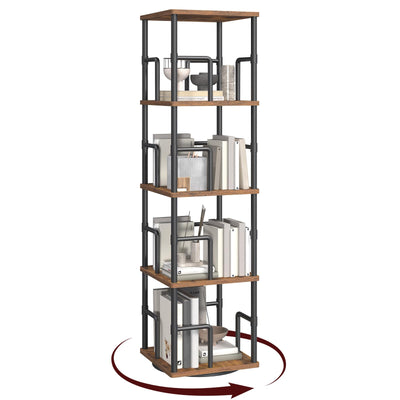 MAHANCRIS 4-Tier Rotating Bookshelf, Freestanding Corner Bookshelf, 360° Spinning Bookcase, Industrial Style Storage Rack with Rails, for Living Room, Bedroom, Study, Rustic Brown and Black BKHR1501
