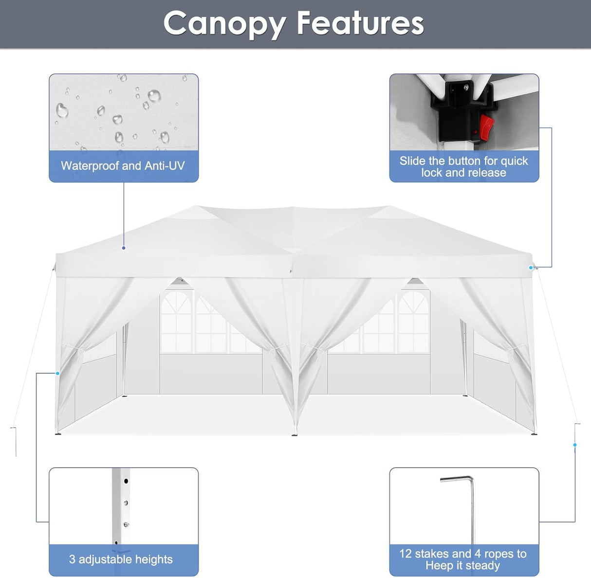 COBIZI Canopy 10x20 Pop Up Canopy Tent with 6 Sidewalls Party Tents for Parties Weddings Backyard Waterproof Outdoor Commercial Event Tent with Stakes, Ropes, White COBIZI