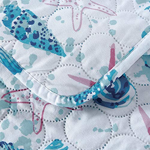 Pink Starfish & Aqua Twin Size Beach Quilt Set - Reversible & Lightweight Bedding - Collection with Coverlet Jessy Home