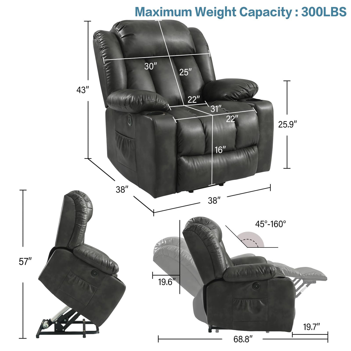 PARKOL Power Lift Recliner Chair for Elderly Breathable Leather Recliner Chair with Massage and Heat,2 Cup Holders,Electric Stand Assist,USB Ports,Gifts for Family (Grey) PARKOL