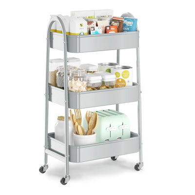 EAGMAK 3 Tier Utility Rolling Cart, Metal Storage Cart with Handle and Lockable Wheels, Multifunctional Storage Organizer Trolley with Mesh Baskets for Kitchen, Living Room, Office, Garage (Grey)