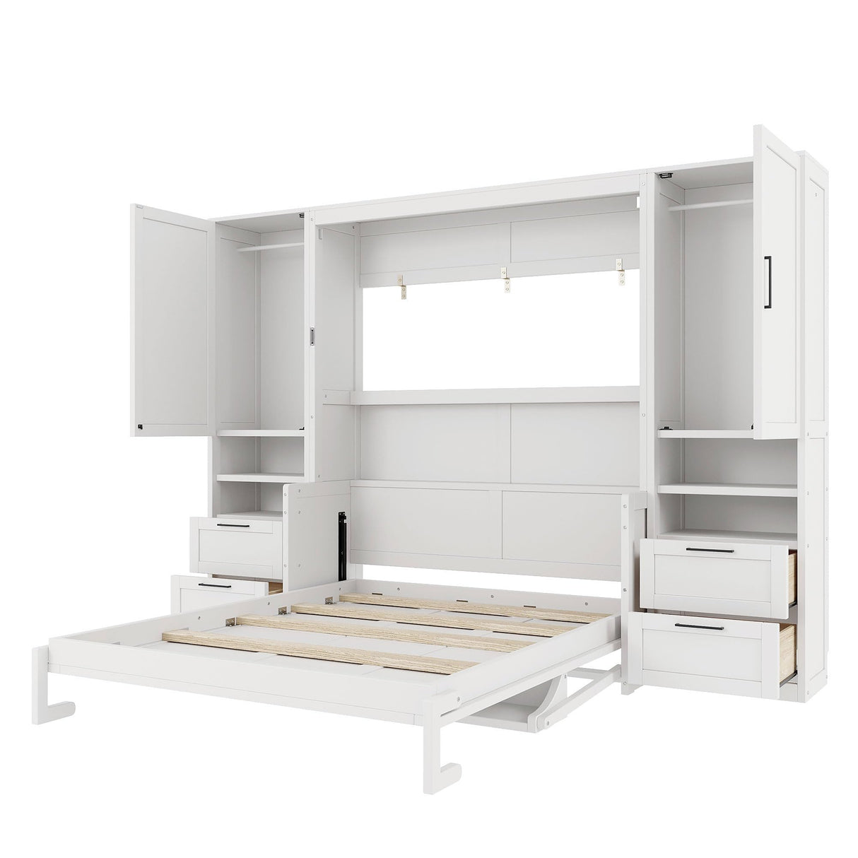 Merax Queen Size Murphy Bed with Desk, Multifunctional Foldable Wall Bed with Closet, Drawers and Shelves, Space-Saving Wood Platform Bed Frame for Small Spaces Studio Study Office Guest Room, White Merax