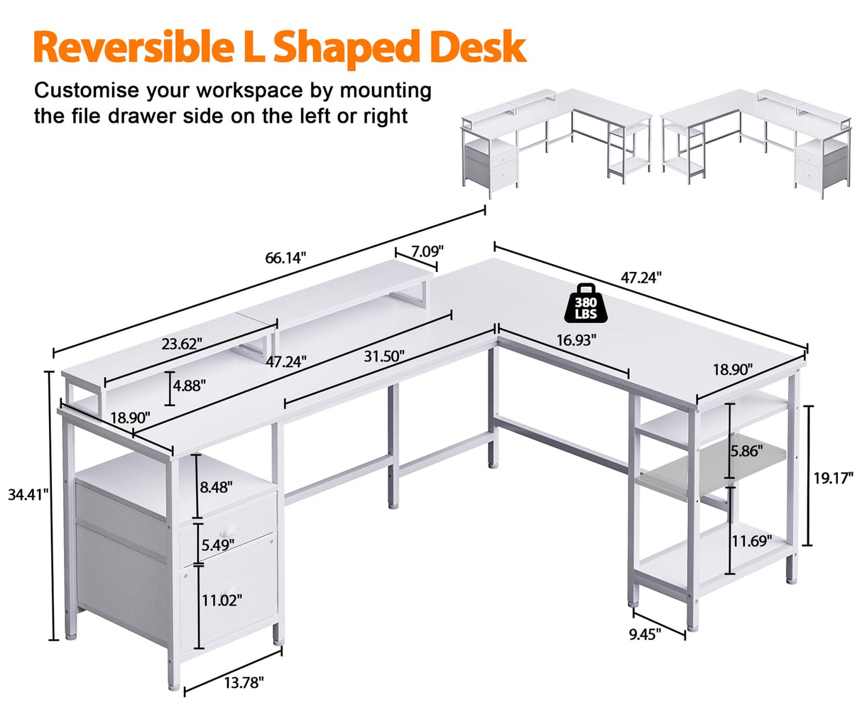 Furologee White 66" L Shaped Desk with Shelves, Reversible Corner Computer Desk with File Drawer & Dual Monitor Stand, Large Home Office Desk Writing Study Gaming Table Workstation Furologee