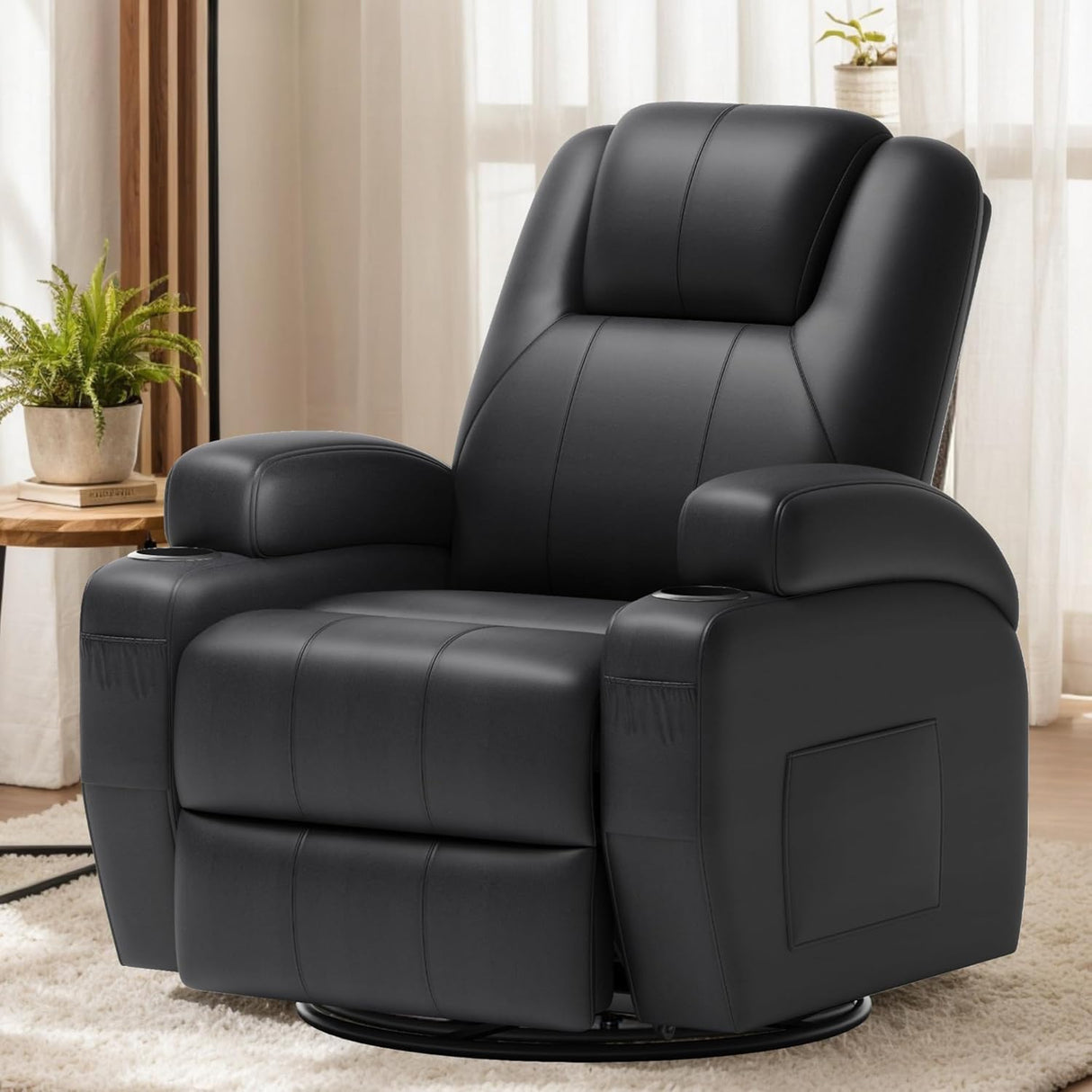 Flamaker Swivel Rocker Recliner Chair with Vibration Massage, 360° Swivel Recliner Chairs for Adults Ergonomic Lounge Chair with Cup Holders Lazy Boy Recliner Single Sofa Seat (Leather, Black) Flamaker