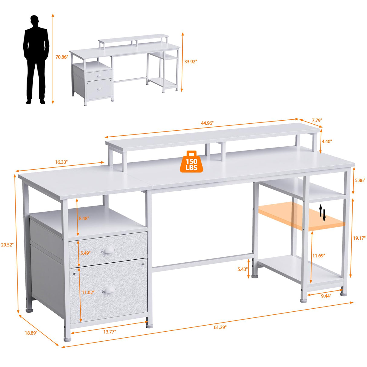 Furologee 61'' Computer Desk with Fabric File Cabinet & Drawer, Reversible White Storage Shelf, Office Long Monitor Stand, Writting Workstation, for Home/Office/Bedroom, 61in NO Outlets Furologee