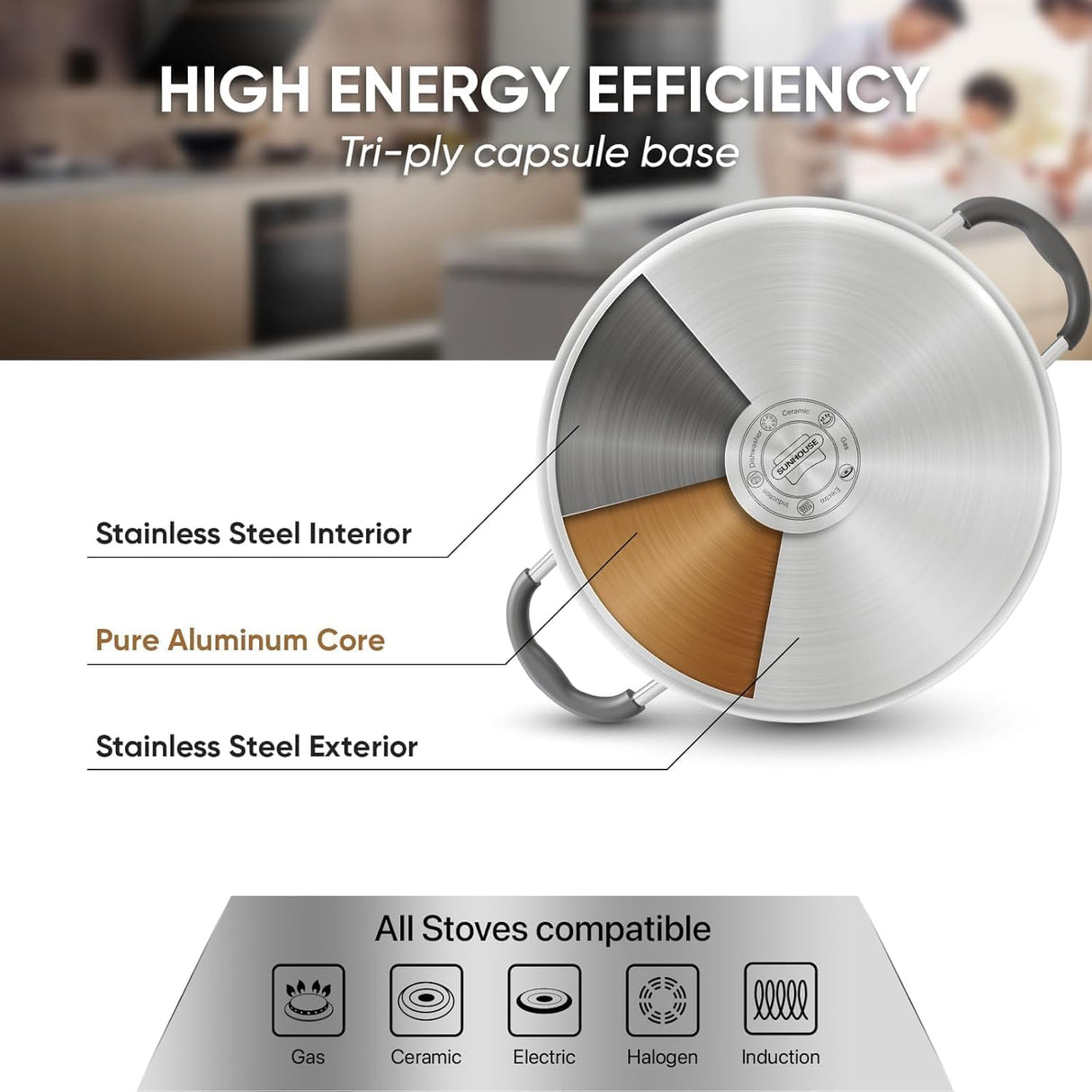 SUNHOUSE - 3.3 Quarts Steamer Pots With Lid 2-Tier Multipurpose Stainless Steel Steaming Pot Cookware For Vegetable, Dumpling, Sauce, Food - Triple Bottom, Measurement Line Sunhouse