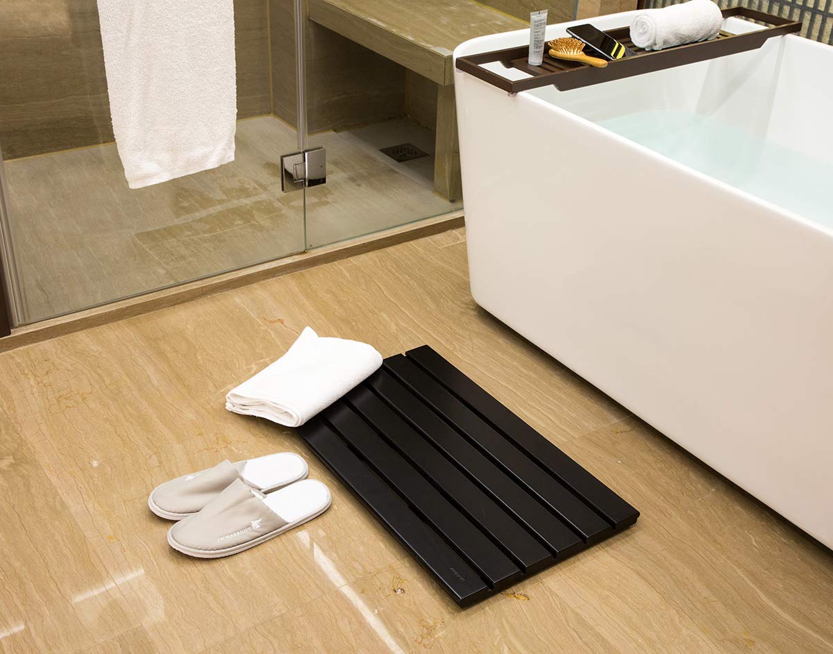 GOBAM Bamboo Bath Mat, Large, 26 x 15.8 x 1.3 inch - Non-Slip Floor Mat for Bathroom, Spa, Sauna, Kitchen, Indoor & Outdoor Spaces, Shower Mat for Bathroom Decor - (Black, 26" long) GOBAM