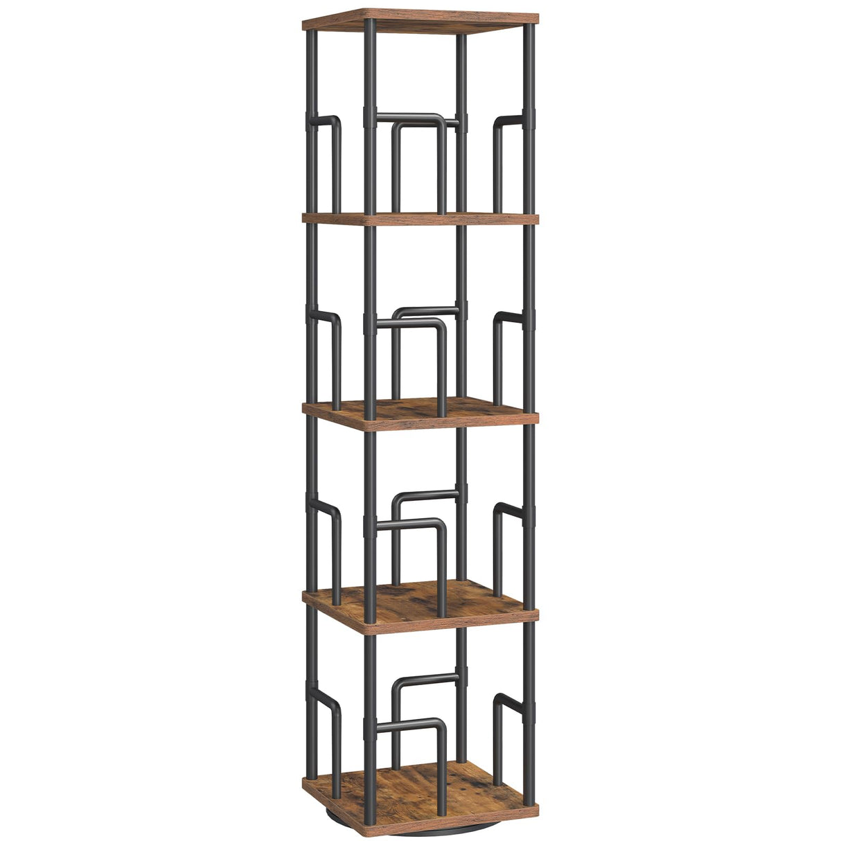 MAHANCRIS 4-Tier Rotating Bookshelf, Freestanding Corner Bookshelf, 360° Spinning Bookcase, Industrial Style Storage Rack with Rails, for Living Room, Bedroom, Study, Rustic Brown and Black BKHR1501 MAHANCRIS
