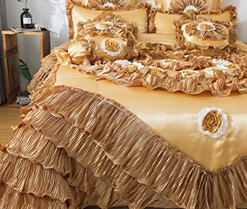 Tache Home Fashion 6 Piece Elegant Faux Satin Ruffled Comforter Set, Cal King, Sandy Beach Tache Home Fashion