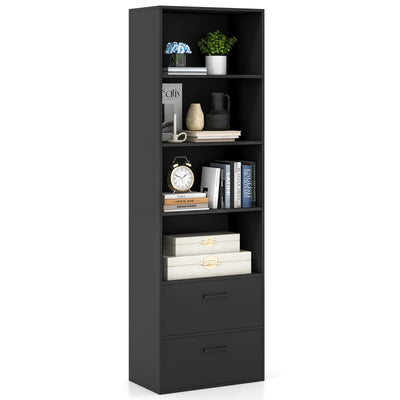 IFANNY 74" Tall Bookcase, Freestanding Bookshelf w/ 4 Open Shelves & 2 Drawers, Modern Display Shelf with Anti-Toppling Device, Wooden Book Shelf for Bedroom, Study, Living Room, Office (Black, 74''H)