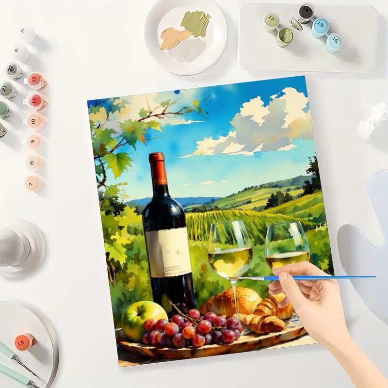 Wine and Food Paint by Numbers Kit for Adults - DIY Vineyard Picnic with Wine and Croissants Painting on Canvas 16x20 Inches, Acrylic Paint Set for Beginners, Art for Home Decoration or Gifts DecorFriday