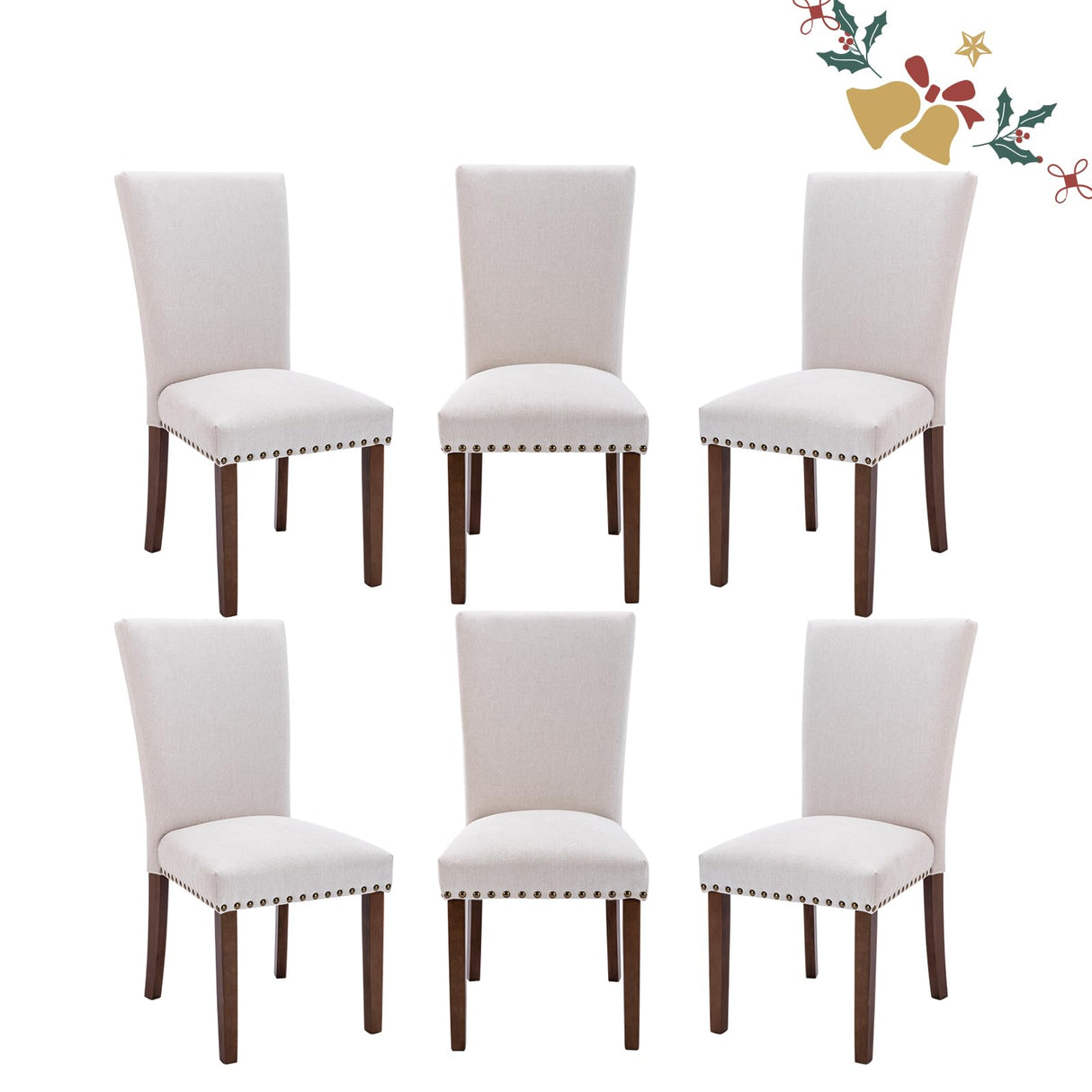 Set of 6 Beige Upholstered Dining Chairs, Farmhouse Kitchen Chairs with High Back, Solid Rubberwood Legs, Comfortable Padded Foam Seat, Bronze Nailhead Trim, Dining Room Chairs for Large Families COLAMY