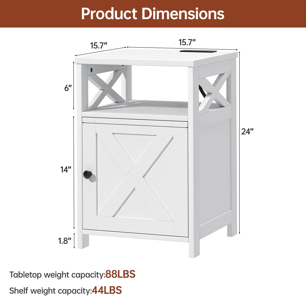 OtterOasis Farmhouse Nightstand with Charging Station and Barn Door, Bedside Table with Open Compartment and Storage, Side End Table for Bedroom, White OtterOasis