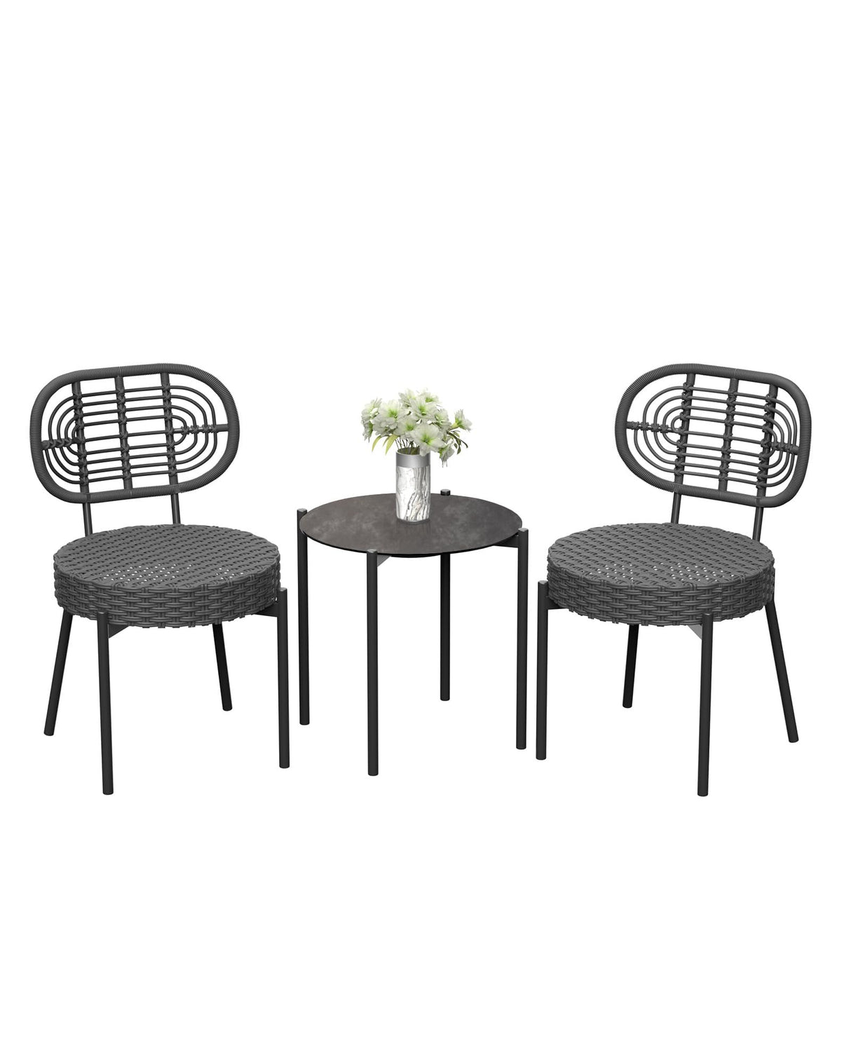 GarveeLife 3 Piece Wicker Patio Bistro Furniture Set, Outdoor Dining Chairs, Includes 2 Rattan Chairs and Tempered Glass Table, for Garden, Backyard, Balcony, Apartment, Black & Grey GarveeLife