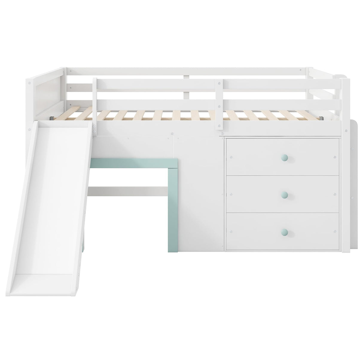 Quarte Full Size Kids Low Loft Bed with Slide,Three Storage Drawers and Two Doors,Solid Wood & MDF Construction, No Box Spring Needed Quarte