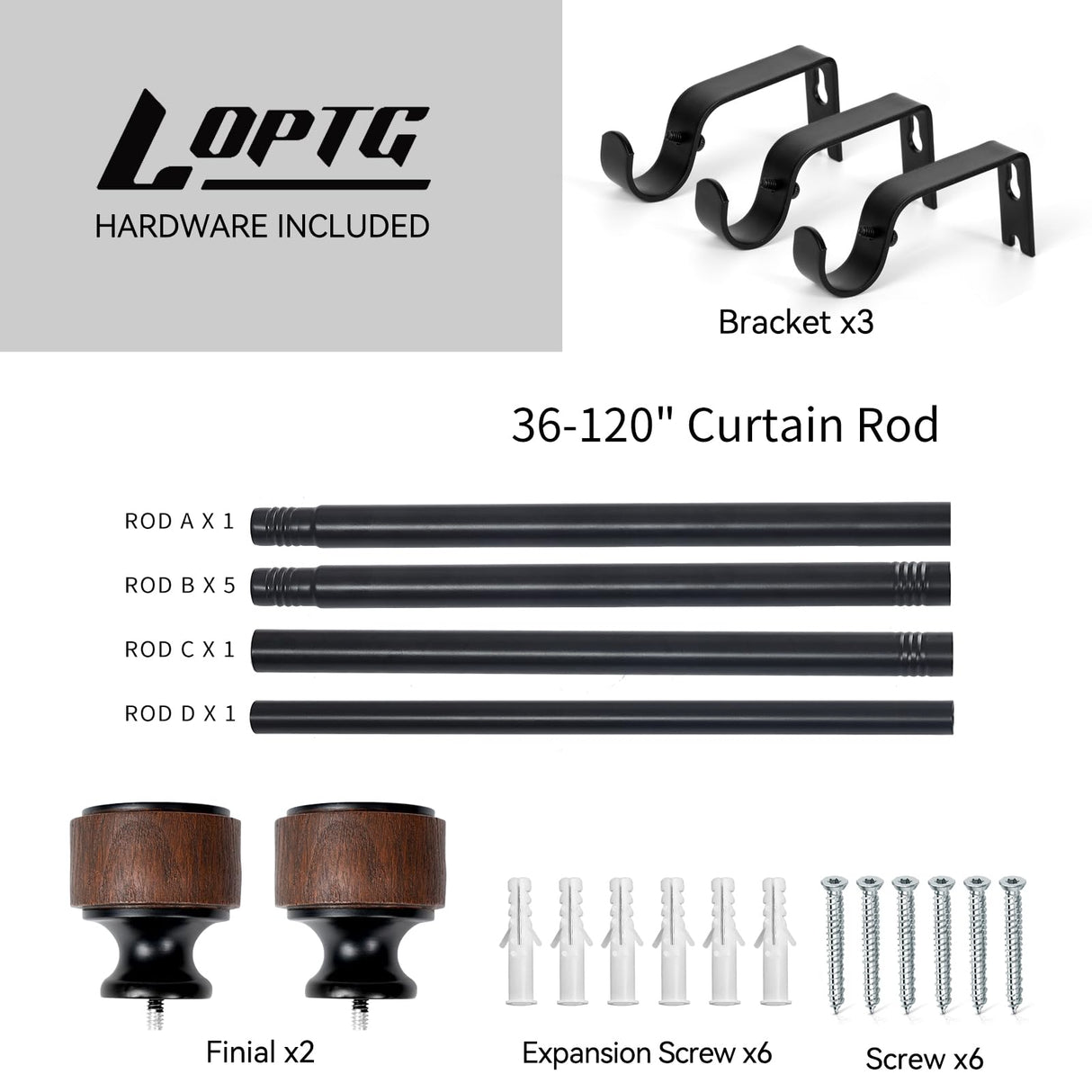 LOPTG Curtain Rods for Windows 38 to 112 Inch, 1 Inch Diameter Modern Adjustable Decorative Drapery Rods, Window Curtain Rod with Imitation Wood Grain Finials, Black, Size:36"-120" LOPTG