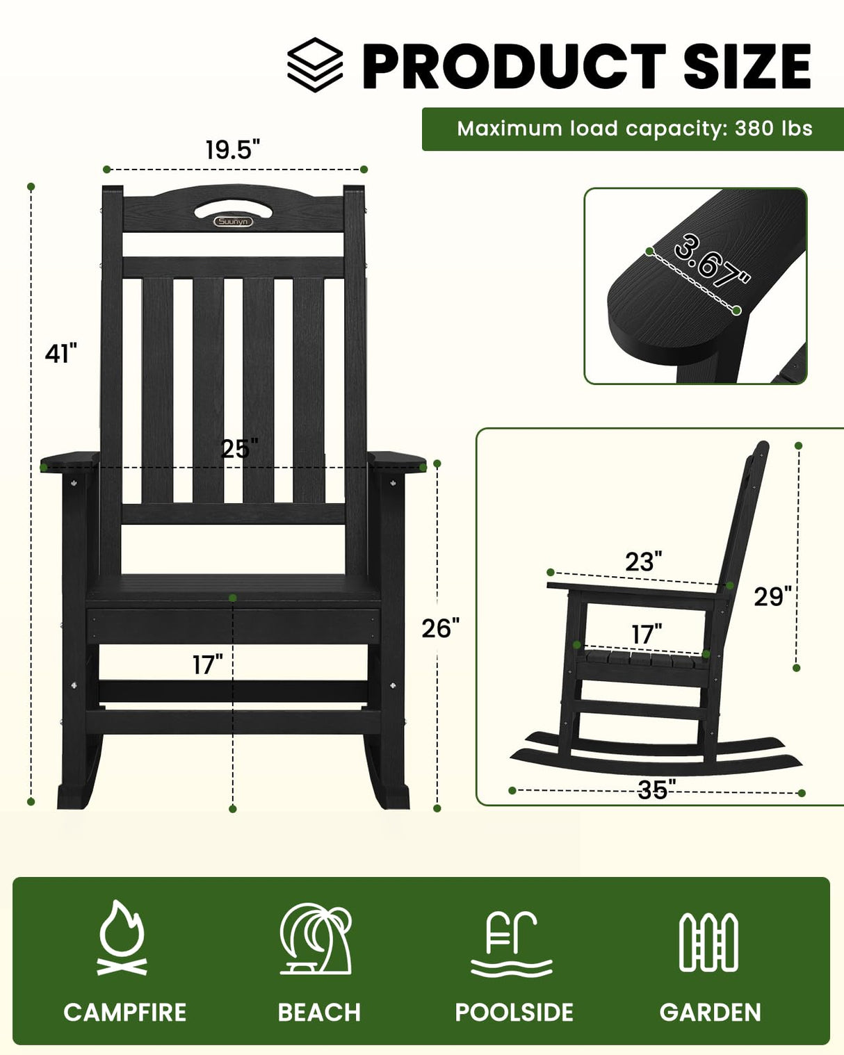 SUUNYN Outdoor Rocking Chair, High Back Porch Rocker Chair, All Weather Resistant HDPE Oversized Rocking Chairs for Patio, Garden, Lawn, Indoor (Black) SUUNYN