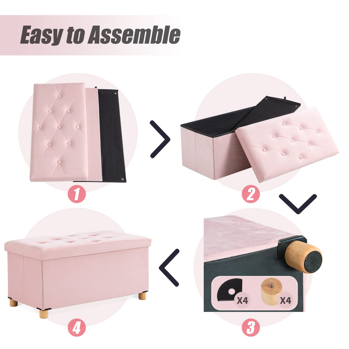 BRIAN & DANY 30 Inches Folding Storage Ottoman Bench, Ottoman with Storage for Living Room, with Wooden Feet and Lid, Pink BRIAN & DANY