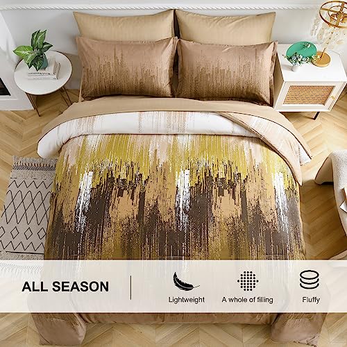 WONGS BEDDING Brown Comforter Set Queen,7 Pieces Bed in a Bag Abstract Art Gradient Comforter Soft Microfiber Bedding Set -1 Comforter, 1 Flat Sheet, 1 Fitted Sheet, 2 Pillow Shams,2 Pillowcases WONGS BEDDING