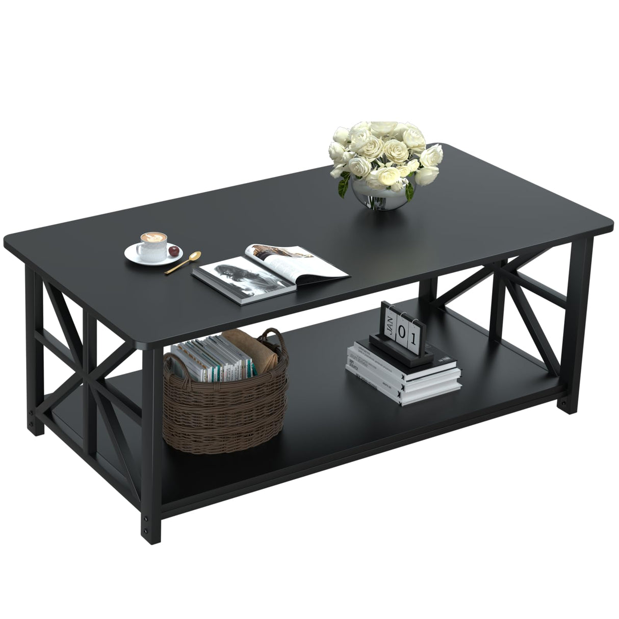 GreenForest Coffee Table with Round Corner, Farmhouse Center Table with 2-Tier Storage Shelf X-Frame Design for Living Room, 39 inch Black GreenForest