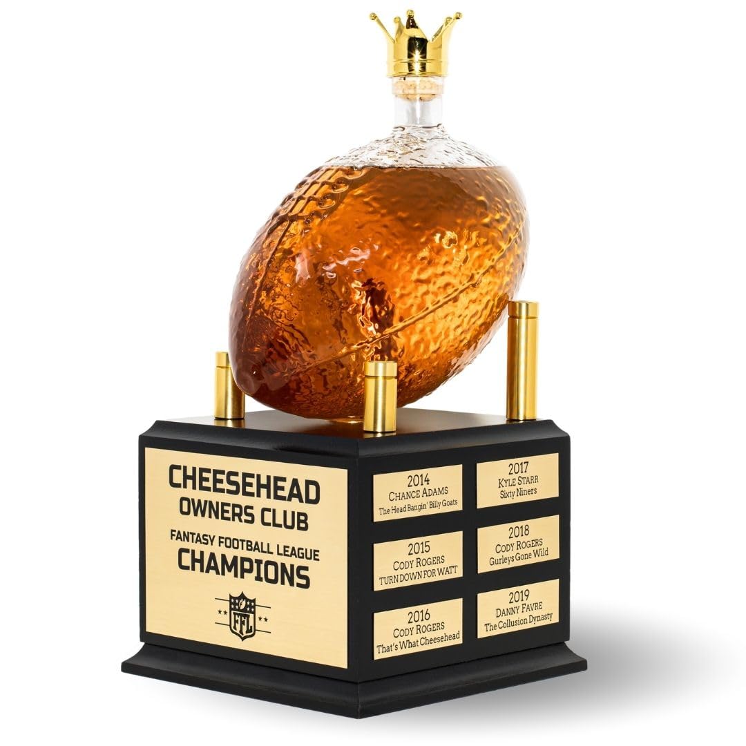Whiskey Decanter Fantasy Football League Trophy - Customizable FFL Champion Award with Personalized Winner Name Plates - Gold Crown Stopper (Pressed Wood) Alpha Awards