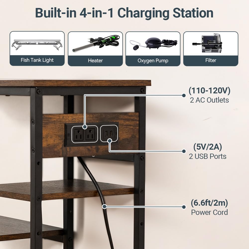 20-29-37 Gallon Fish Tank Stand with Power Outlet, Metal Aquarium Stand with Height-Adjustable Stoarge Shelves, 6-Leg Reptile Tank Stand, 400lbs Capacity PawGiant
