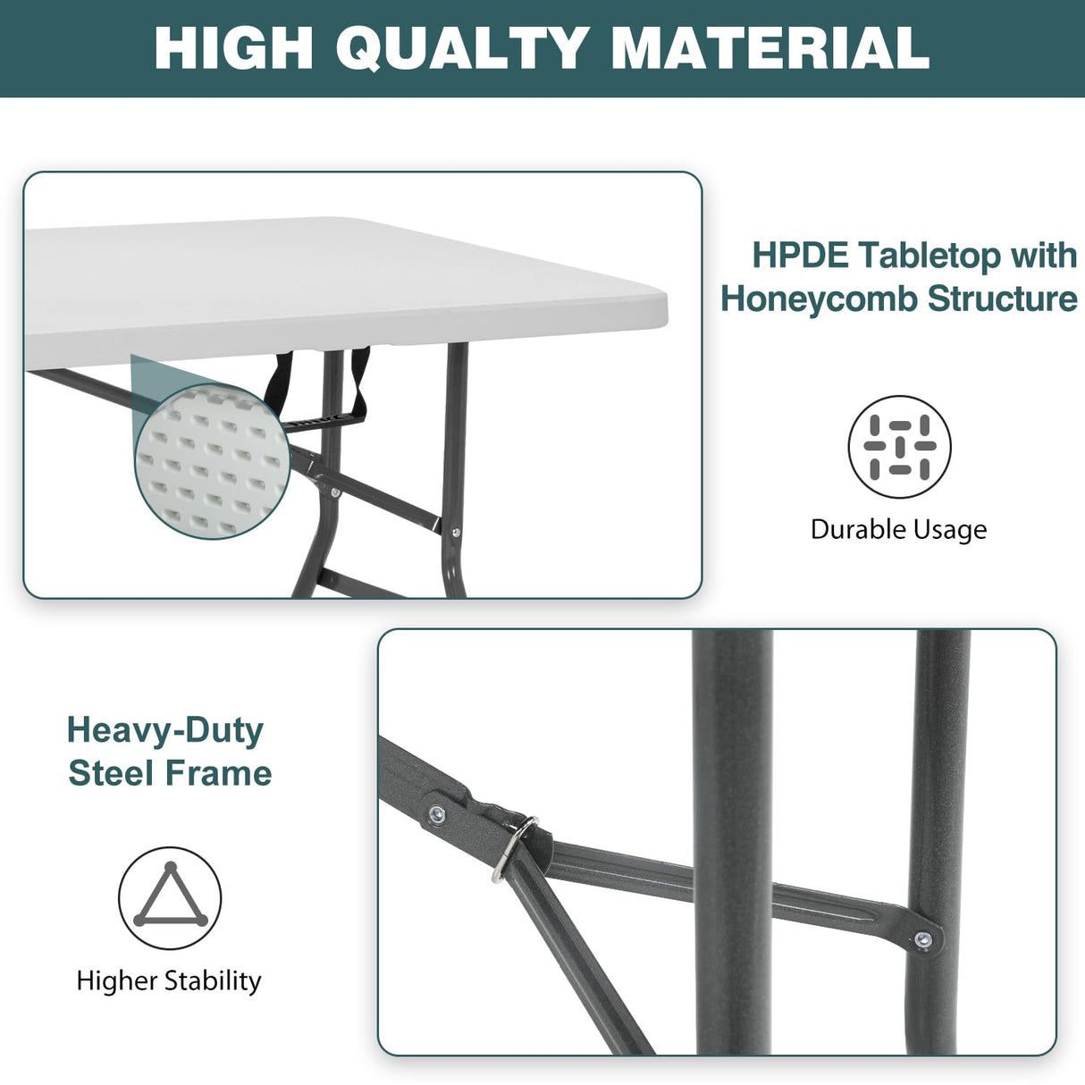 FDW 6 Foot Outdoor Dining Table, Foldable Portable Rectangular Plastic Folding Table with Built in Carrying Handle for Party and Wedding Use, White FDW