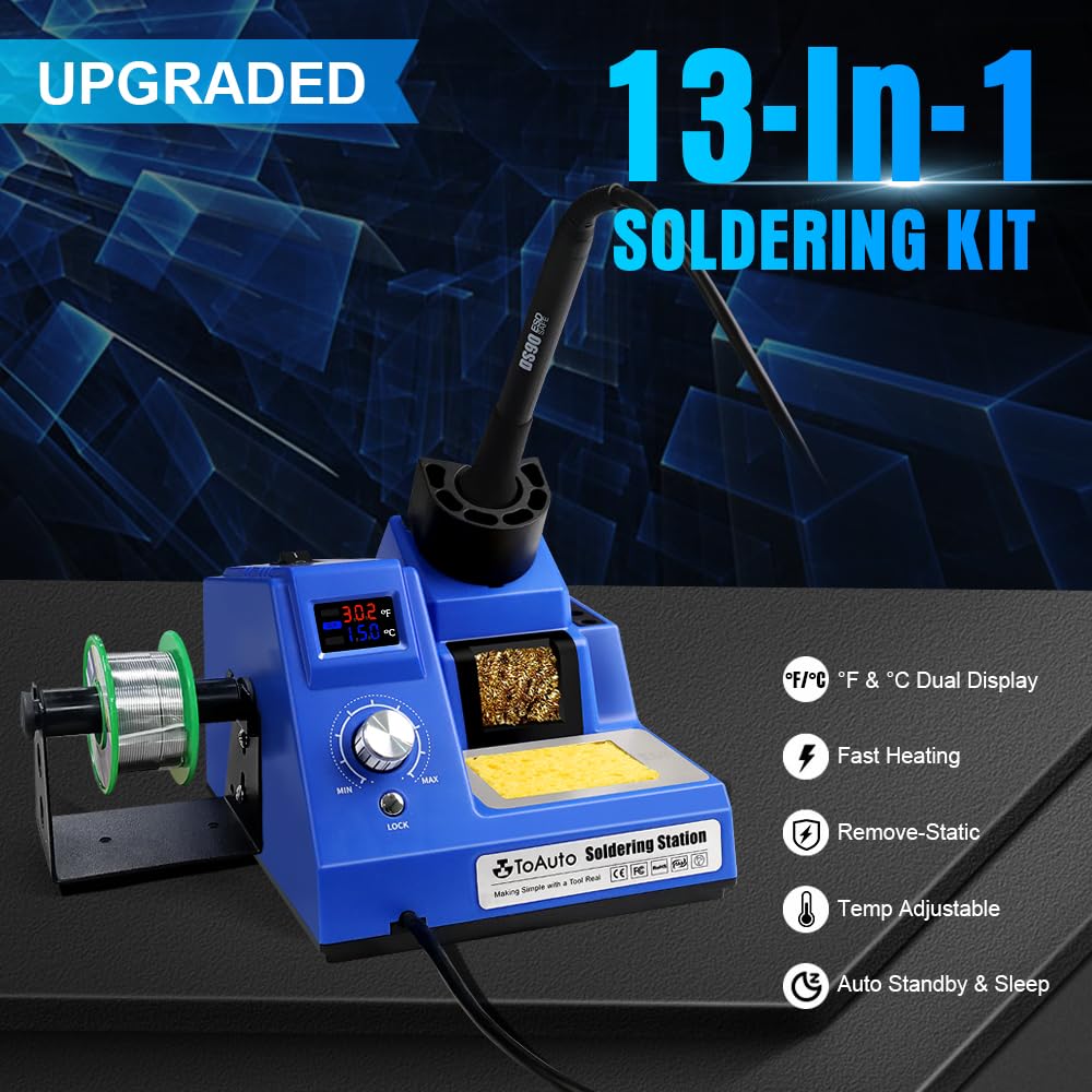 TOAUTO DS90 Soldering Station-°F & °C Dual Digital Display Soldering Iron Station Kit,90W Soldering Iron,302℉- 842℉ Temperature, Anti-Static & Grounding Wire, Auto Standby & Sleep,5 Solder Tips, Blue TOAUTO