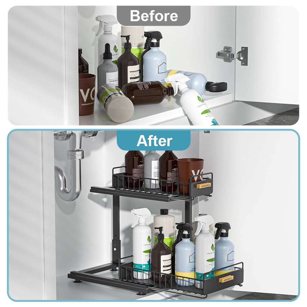 Under Sink Organizer Kitchen, 2 Tier Under Sink Organizers and Storage, Pull out Cabinet Organizer Shelf, Metal Drawer for Kitchen Bathroom Pantry Cabinet Closet Organization Rack, Black, 1 Pack HOMEBOSILY