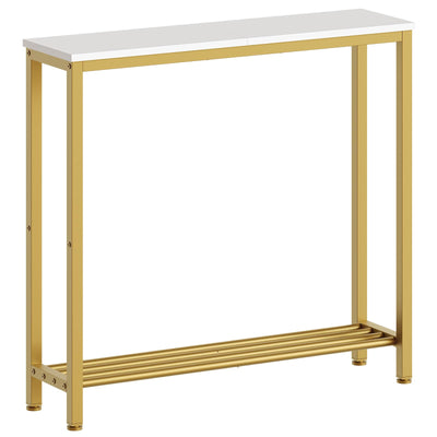 YATINEY Narrow Console Table, 2-Tier Small Sofa Table, 29.5" Thin Entryway Table, Behind Couch Table with Shelves, Industrial Hallway Table, for Living Room, Foyer, White and Gold CT03DW