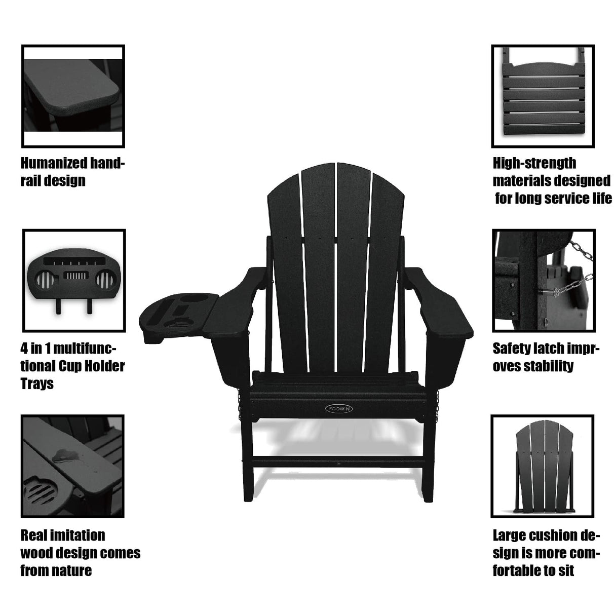 FOOWIN HDPE Folding Adirondack Chair Set of 4, All-Weather Resistant Adirondack Chair w/4 in 1 Cup Holder Trays, Adirondack Chairs for Outdoor, Patio, Lawn, Garden, Backyard Deck(Set of 4, Black) FOOWIN