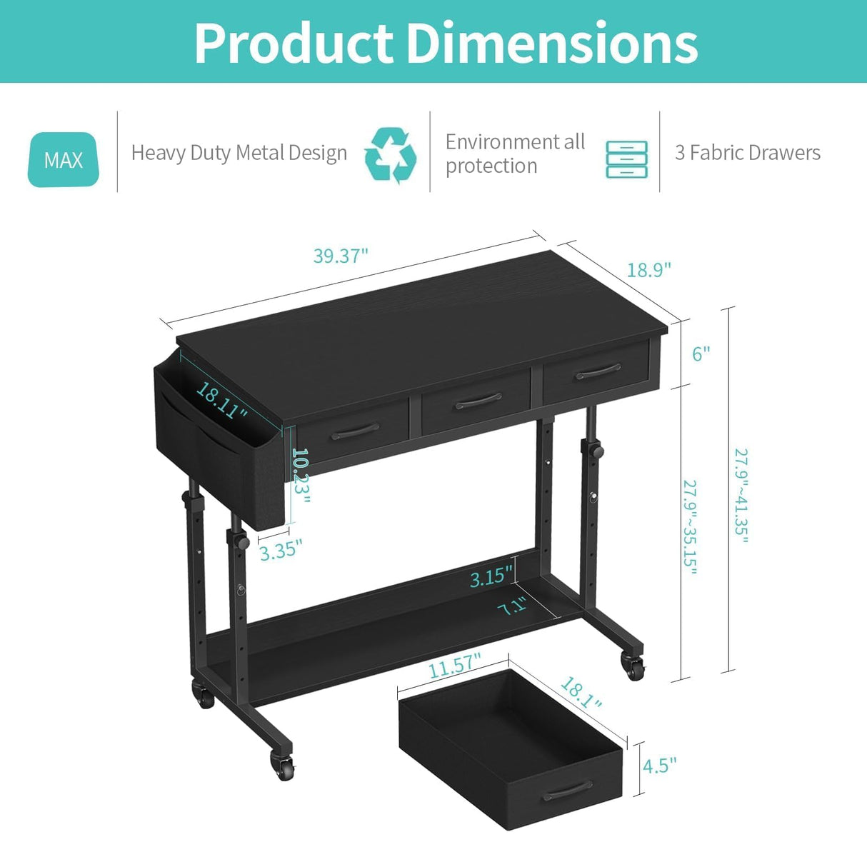 Rolling Standing Desk Adjustable Height with Drawers, 40 Inch Mobile Stand Up Portable Desks on Wheels for Bedroom Home Office, Couch Sofa Side Laptop Table with Storage, Black WINAZ