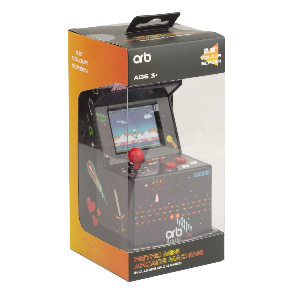 Mini Arcade Machine, 240 in-Built Games, 8-Bit Retro Arcade Games, 2.5โ Full Colour Screen, 8-Way Joystick, 2 Buttons, Volume Control, Thumbs Up! Thumbs Up