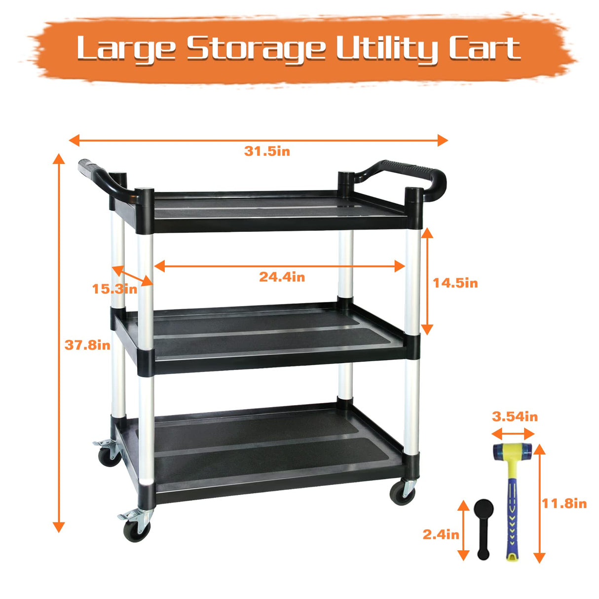 Utility Carts with Wheels,3-Tier Rolling Cart with Wheels, Heavy Duty 510 LBS Food Service Cart with Rubber Pad and Hammer for Kitchen/Office/Warehouse, 31.5" X 16.9" X 38.9"(Black) SFESGRER