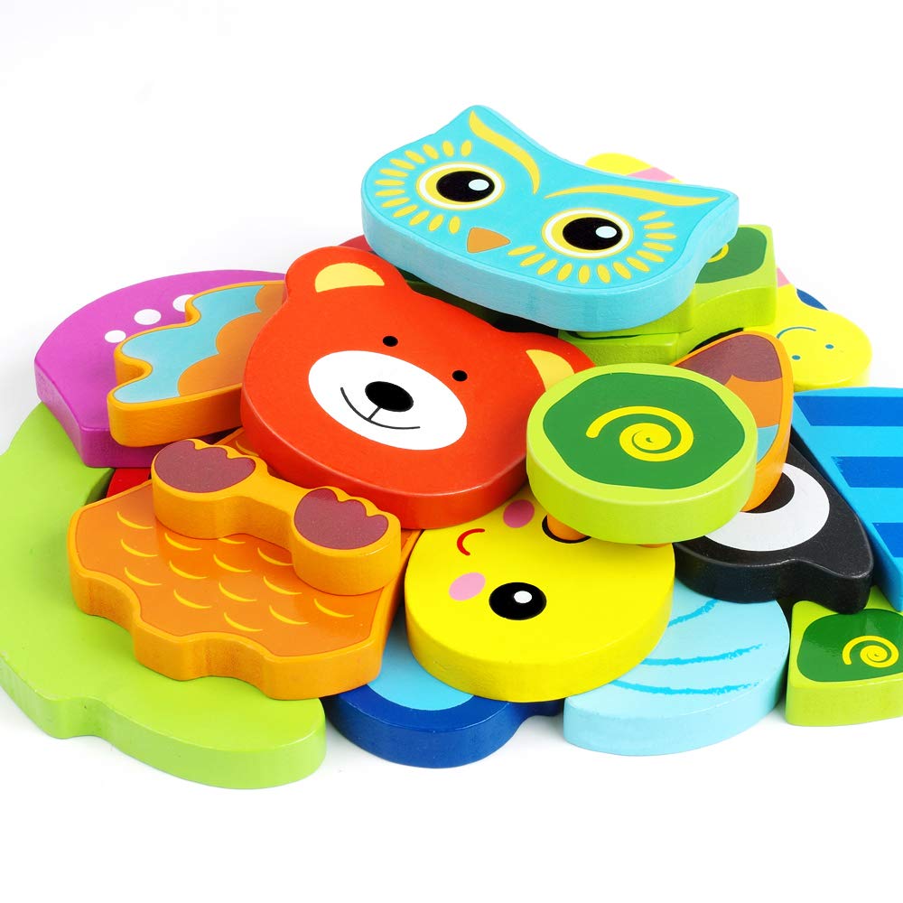 Toddler Puzzles, Wooden Jigsaw Animals Puzzles for 1 2 3 Year Old Girls Boys Toddlers, Educational Preschool Toys Gifts for Colors & Shapes Cognition Skill Learning LURLIN