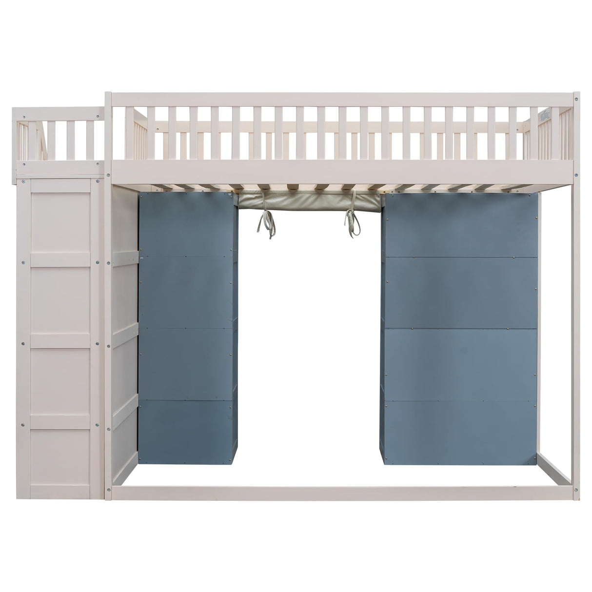 Merax Full Size Loft Bed with 2 Four-Layer Racks and Storage Staircase, Wooden Bed Frame with Curtain and Storage Cabinets, No Box Spring Needed, White+Blue Merax
